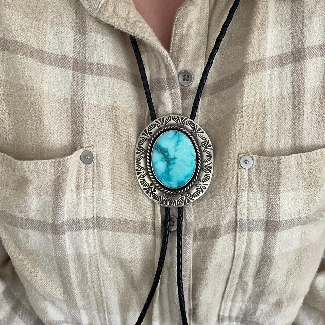 Blue Ridge Turquoise Stamped Bolo