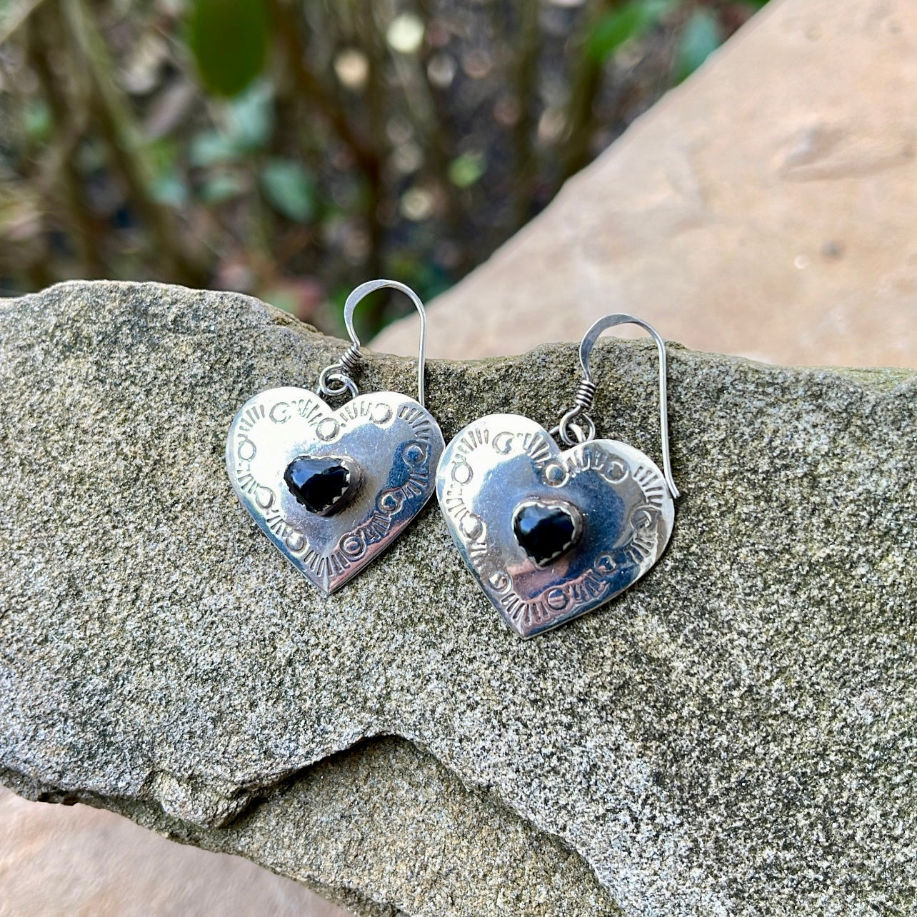 Vintage Stamped Onyx Heart Earrings