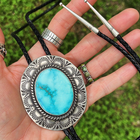 Blue Ridge Turquoise Stamped Bolo